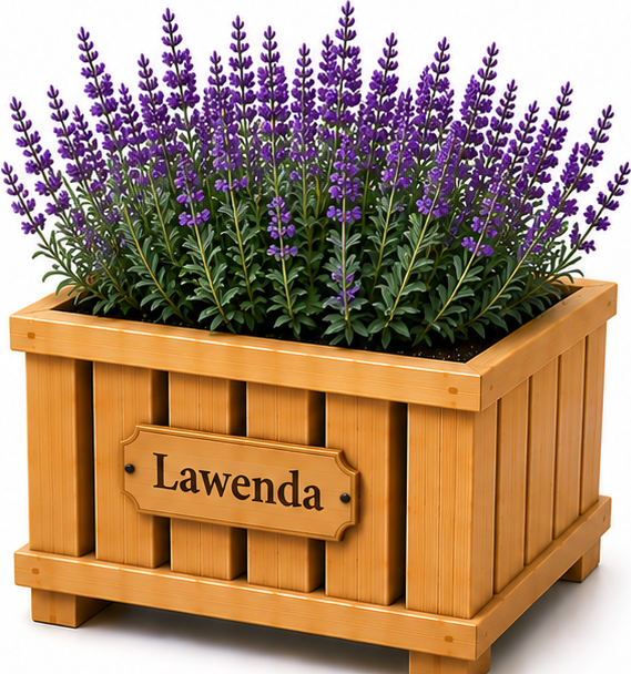 Drewniana Donica PREMIUM „Lawendowy Ogród” z tabliczką