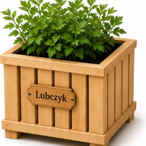 Drewniana Donica PREMIUM „Lubczyk” z tabliczką