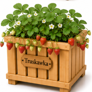 Drewniana Donica PREMIUM „Truskawki” z tabliczką