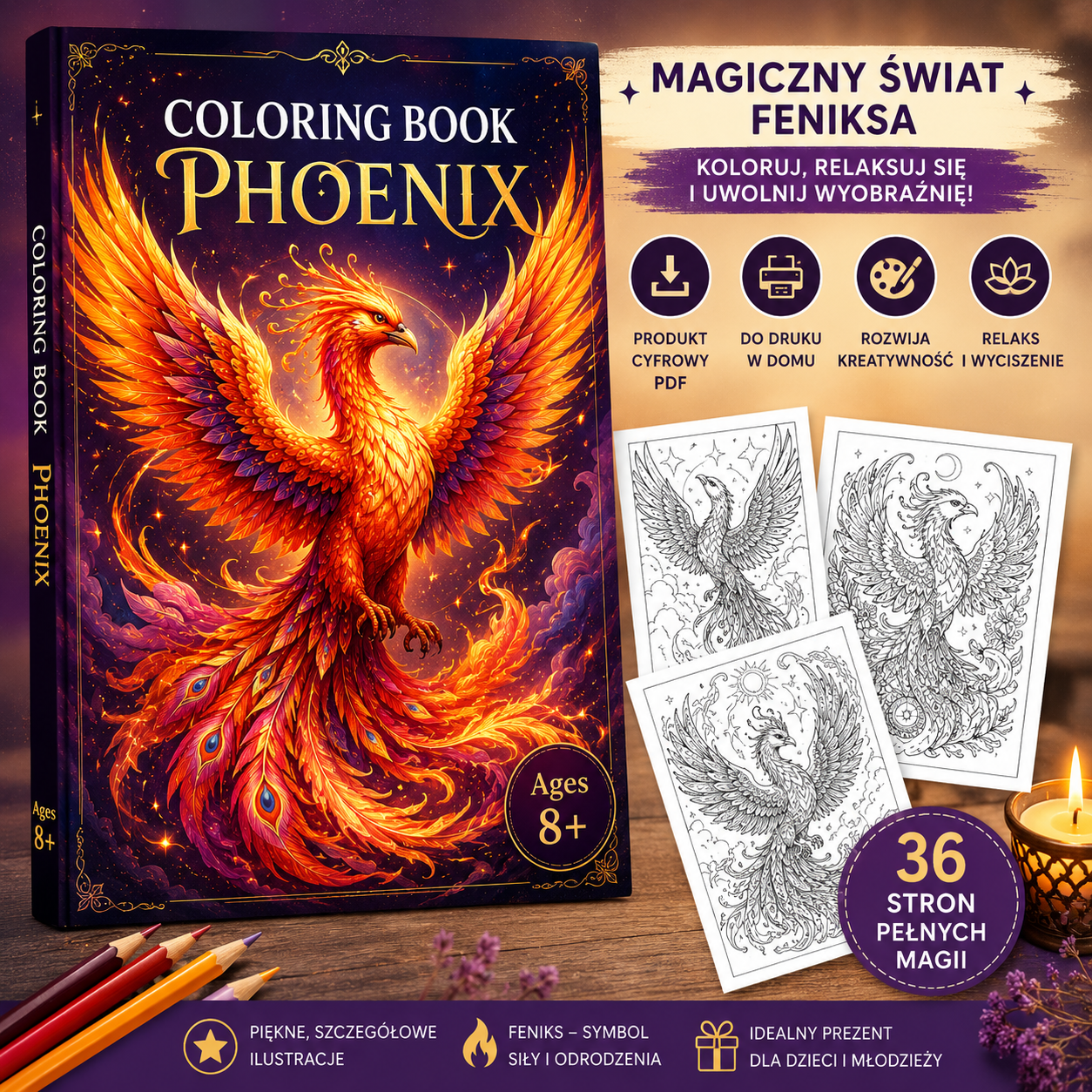 Magiczny Feniks – kolorowanka PDF do druku | Kreatywna kolorowanka dla dzieci 8+