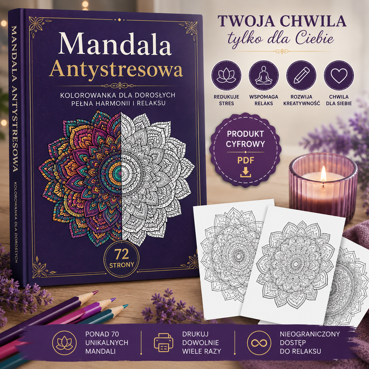 Mandala Antystresowa – kolorowanka PDF dla dorosłych | 70+ stron relaksu i kreatywności