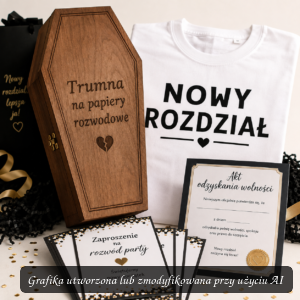 Zestaw Rozwodowy Nowy Rozdział – Trumna, Koszulka, Zaproszenia i Akt Wolności