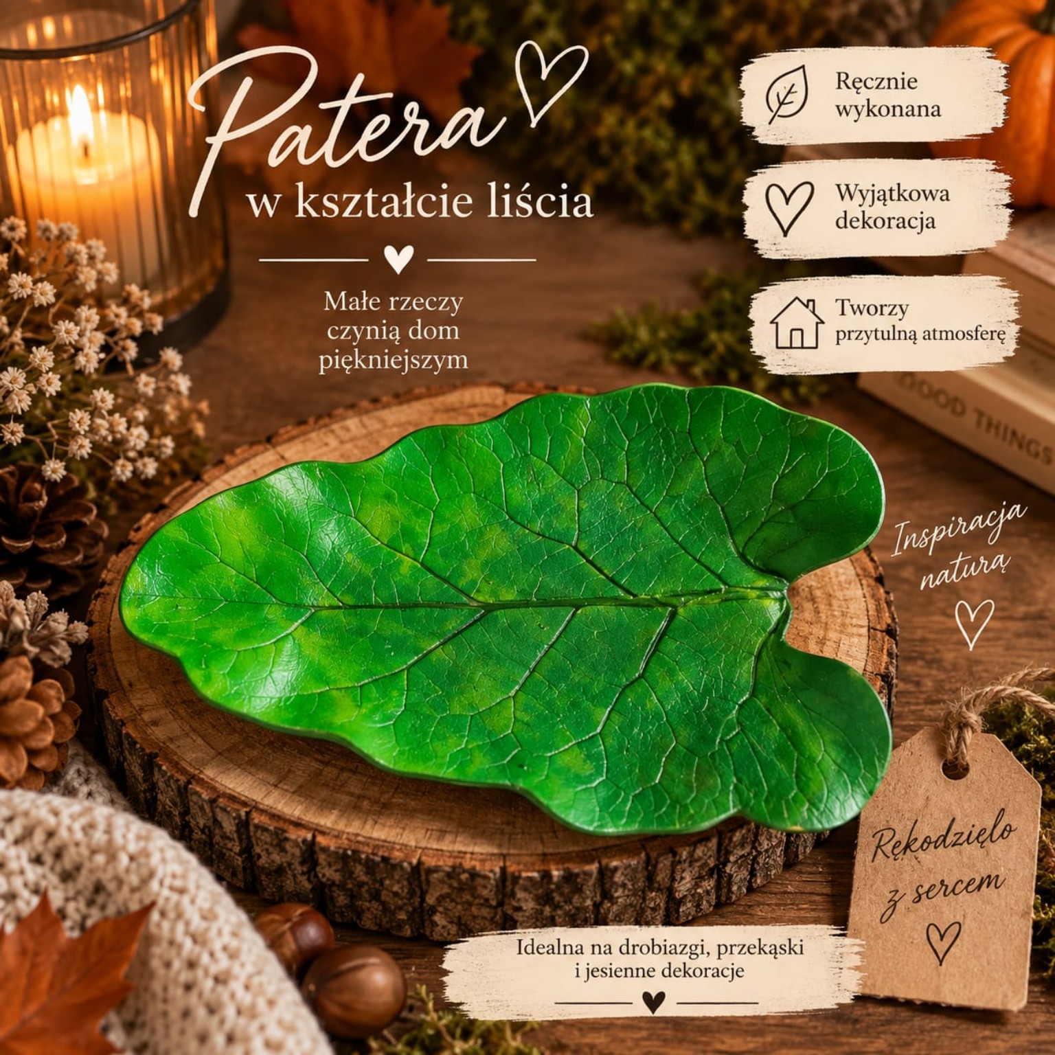 Patera Liść Zielona – ręcznie wykonana tacka inspirowana naturą