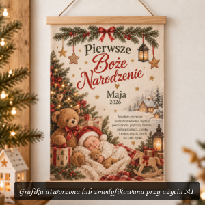 Personalizowany obraz na bawełnie – Pierwsze Boże Narodzenie Dziecka