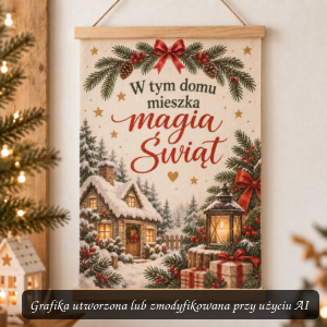 Obraz na bawełnie – W tym domu mieszka magia Świąt